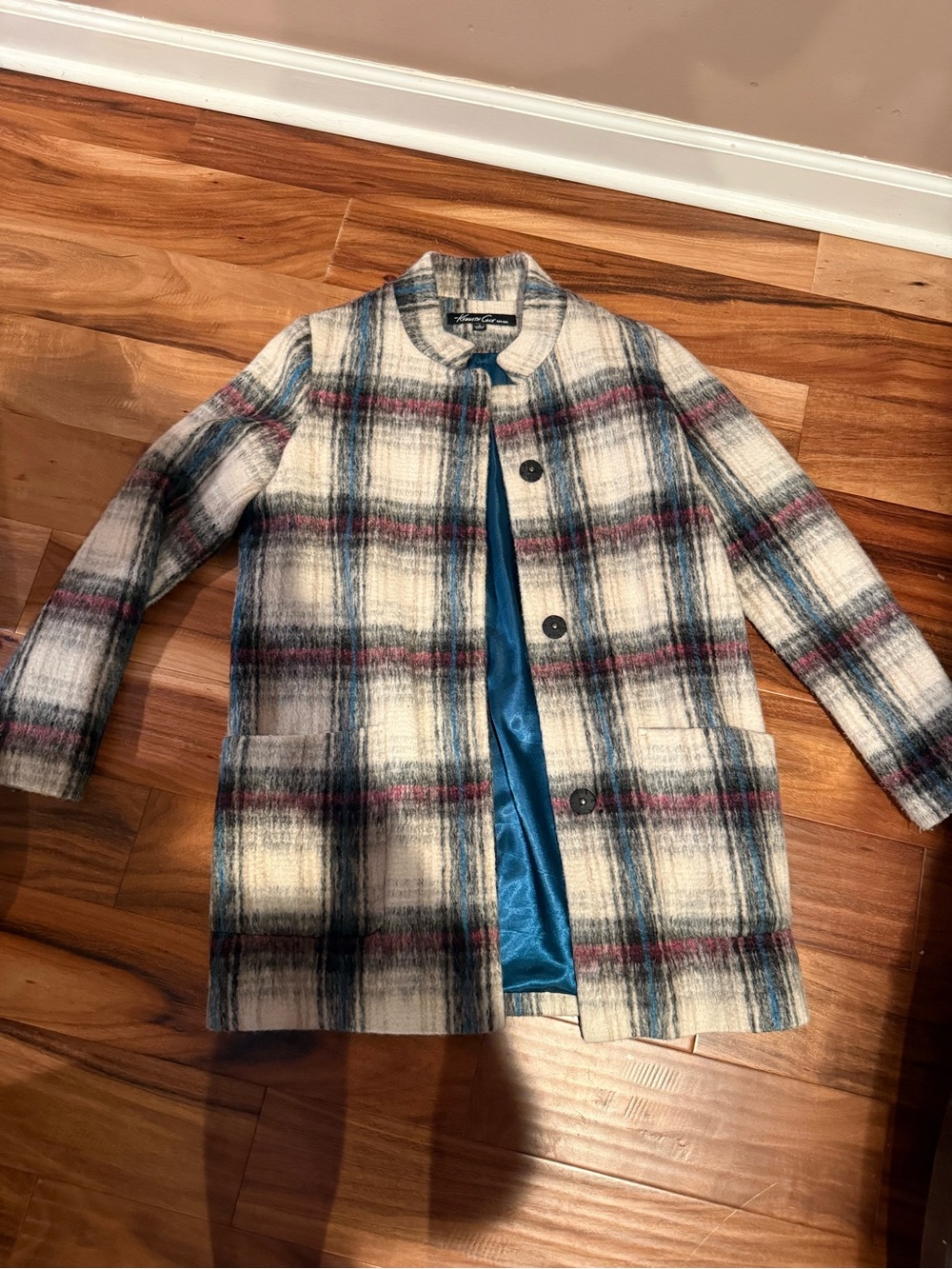 Kenneth Cole Plaid Coat in Cream, Blue & Red